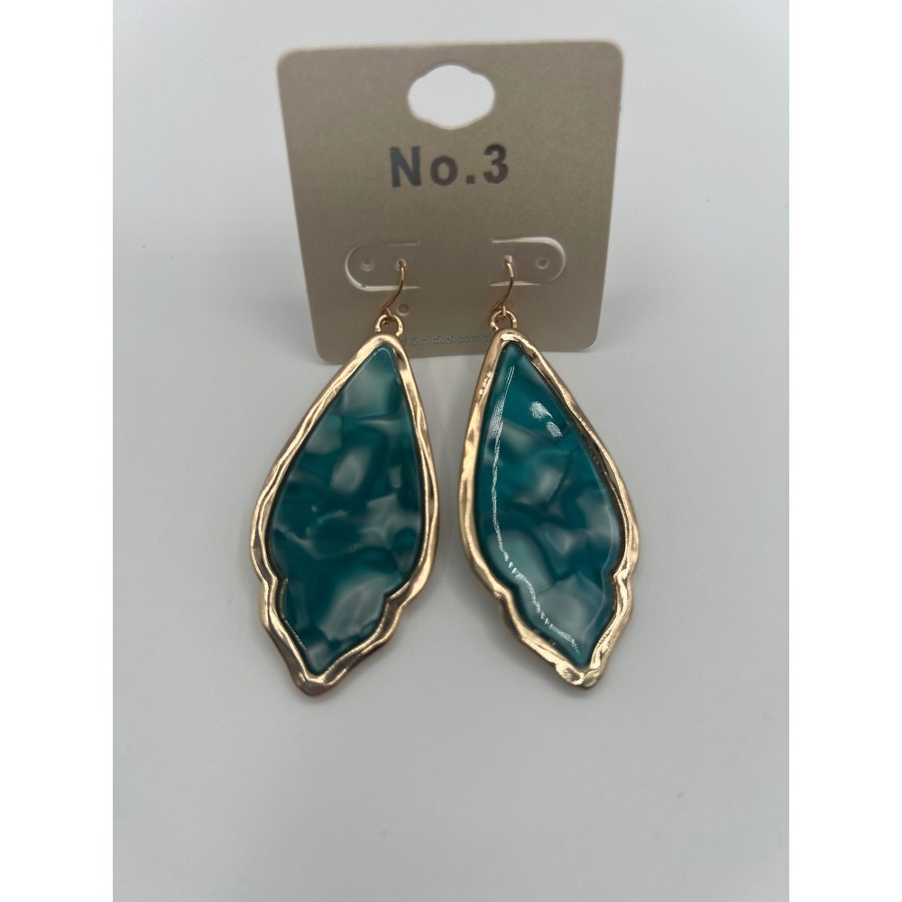 No.3 Teal Marbled Resin Gold Tone Scalloped Drop Earrings VE2266GDTL